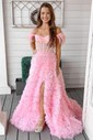 Ball Gown Off-the-shoulder Tulle Tiered Prom Dresses With Feather