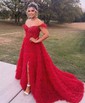 Ball Gown/Princess Sweep Train Off-the-shoulder Lace Tulle Beading Prom Dresses