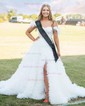 Ball Gown Off-the-shoulder Tulle Tiered Prom Dresses With Feather