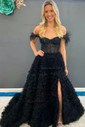 Ball Gown Off-the-shoulder Tulle Tiered Prom Dresses With Feather