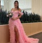 Ball Gown Off-the-shoulder Tulle Tiered Prom Dresses With Feather