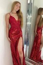 Sheath/Column Sweep Train V-neck Sequined Appliques Lace Prom Dresses