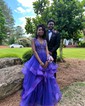 Ball Gown V-neck Tulle Ruffle Tiered Prom Dresses With Appliques