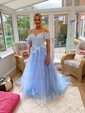 Ball Gown Off-the-shoulder Tulle Sweep Train Beading Prom Dresses