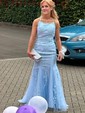 Trumpet/Mermaid Scoop Neck Tulle Sweep Train Appliques Lace Prom Dresses