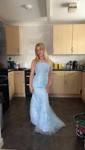 Trumpet/Mermaid Scoop Neck Tulle Sweep Train Appliques Lace Prom Dresses