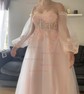 A-line Off-the-shoulder Tulle Puff Sleeve Prom Dresses With Appliques