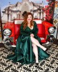 Ball Gown V-neck Sparkly Sequin Satin Prom Dresses With Long Sleeves