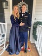 Ball Gown V-neck Sparkly Sequin Satin Prom Dresses With Long Sleeves