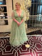 Ball Gown V-neck Tulle Floral Prom Dresses With Appliques