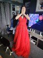 A-line V-neck Tulle Floor-length Prom Dresses With Appliques Lace