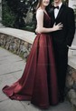 Ball Gown V-neck Satin Sweep Train Prom Dresses With Pockets