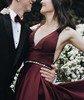 Ball Gown V-neck Satin Sweep Train Prom Dresses With Pockets
