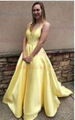 Ball Gown V-neck Satin Sweep Train Prom Dresses With Pockets