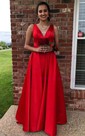 Ball Gown V-neck Satin Sweep Train Prom Dresses With Pockets