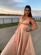 Ball Gown V-neck Satin Sweep Train Prom Dresses With Pockets