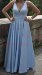 Ball Gown V-neck Satin Sweep Train Prom Dresses With Pockets