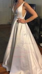 Ball Gown V-neck Satin Sweep Train Prom Dresses With Pockets