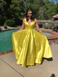 Ball Gown V-neck Satin Sweep Train Prom Dresses With Pockets