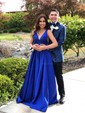 Ball Gown V-neck Satin Sweep Train Prom Dresses With Pockets