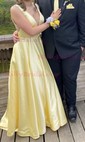 Ball Gown V-neck Satin Sweep Train Prom Dresses With Pockets