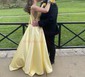 Ball Gown V-neck Satin Sweep Train Prom Dresses With Pockets