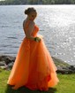 Ball Gown/Princess Sweep Train V-neck Tulle Appliques Lace Prom Dresses