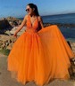 Princess V-neck Backless Tulle Prom Dresses With Appliques