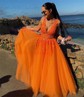 Princess V-neck Backless Tulle Prom Dresses With Appliques