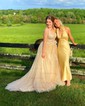 Ball Gown/Princess Sweep Train Off-the-shoulder Tulle Glitter Appliques Lace Prom Dresses