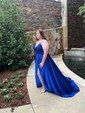 A-line Sweep Train V-neck Silk-like Satin Appliques Lace Prom Dresses