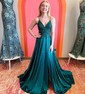 A-line Sweep Train V-neck Silk-like Satin Appliques Lace Prom Dresses