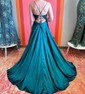 A-line Sweep Train V-neck Silk-like Satin Appliques Lace Prom Dresses