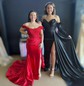 Sheath/Column Sweep Train Off-the-shoulder Silk-like Satin Appliques Lace Prom Dresses