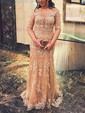 Trumpet/Mermaid Scoop Neck Tulle Sweep Train Appliques Lace Prom Dresses