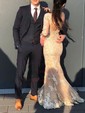 Red Mermaid Illusion Backless Tulle Prom Dresses With Appliques