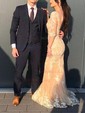 Red Mermaid Illusion Backless Tulle Prom Dresses With Appliques