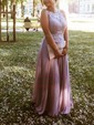 A-line Scoop Neck Chiffon Floor-length Lace Prom Dresses