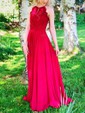 A-line Scoop Neck Chiffon Floor-length Lace Prom Dresses