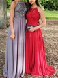 A-line Scoop Neck Chiffon Floor-length Lace Prom Dresses