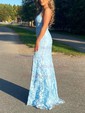 Sheath/Column V-neck Lace Sweep Train Beading Prom Dresses