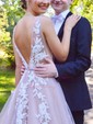 Ball Gown V-neck Backless Tulle Prom Dresses With Appliques