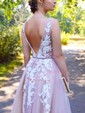 Ball Gown/Princess Sweep Train V-neck Tulle Beading Prom Dresses