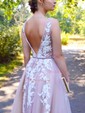 Ball Gown V-neck Backless Tulle Prom Dresses With Appliques