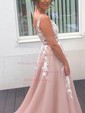 Ball Gown V-neck Backless Tulle Prom Dresses With Appliques