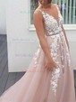 Ball Gown V-neck Backless Tulle Prom Dresses With Appliques