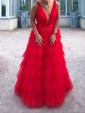 Ball Gown V-neck Tulle Ruffle Tiered Prom Dresses