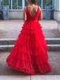 Ball Gown V-neck Tulle Ruffle Tiered Prom Dresses