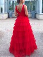 Ball Gown V-neck Tulle Ruffle Tiered Prom Dresses