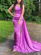 Sheath/Column Sweep Train One Shoulder Silk-like Satin Ruffles Prom Dresses